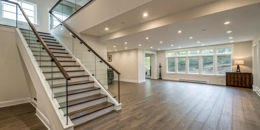 Modern basement finishing idea with wood flooring, recessed lighting, and a glass stair railing.