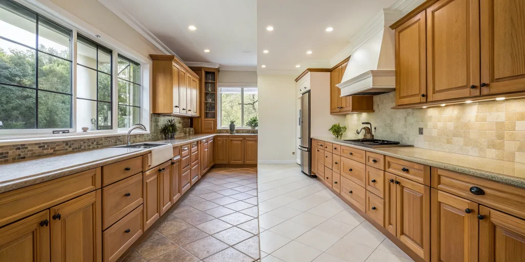 Before and after kitchen remodel with new cabinets, modern lighting, and flooring ideas.