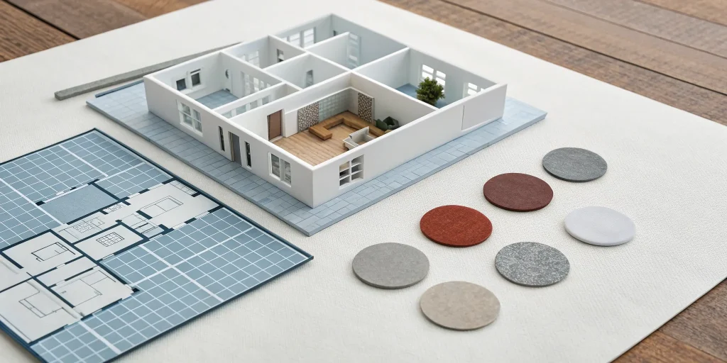 Blueprint and material samples for estimating the cost per square foot to build a house.