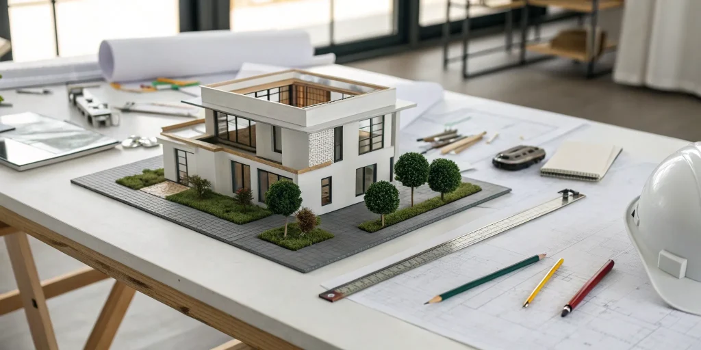 Planning a custom home with an architectural model and blueprints on a home builder's desk.
