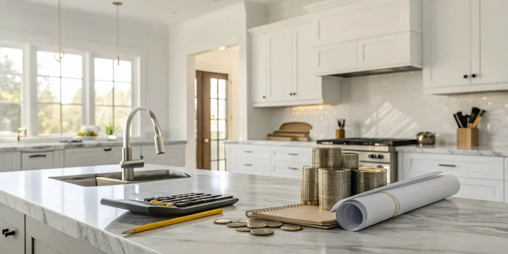 Calculating how much a kitchen renovation will cost with plans and a calculator on a countertop.