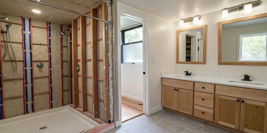How much a small bathroom remodel costs with a new double vanity, shower, and lighting.