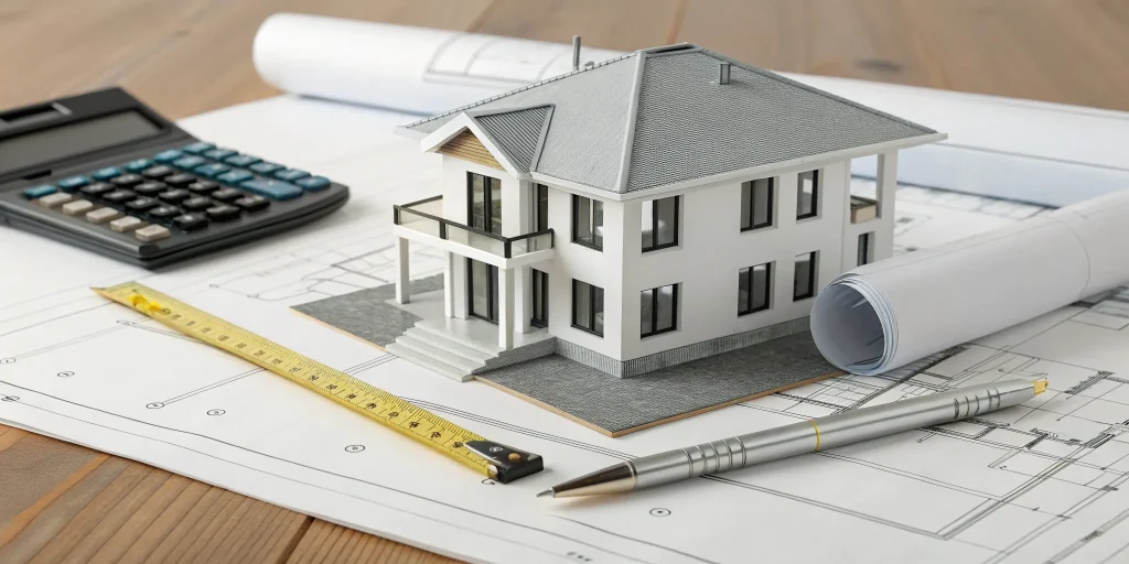 Calculating the cost to build a house with a model home, blueprints, and a calculator.