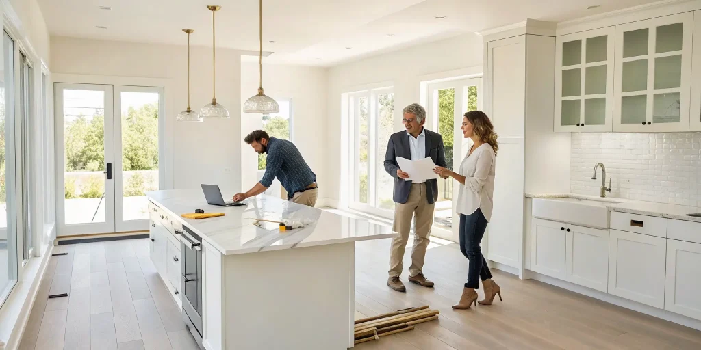 Contractors for a home renovation discussing project plans in a modern kitchen.