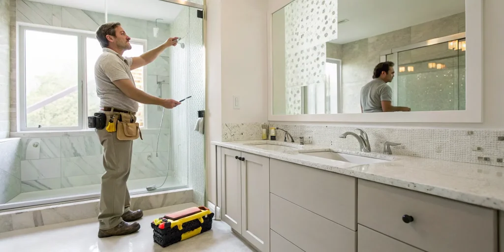 A bathroom remodel contractor inspecting the quality of a new shower installation.