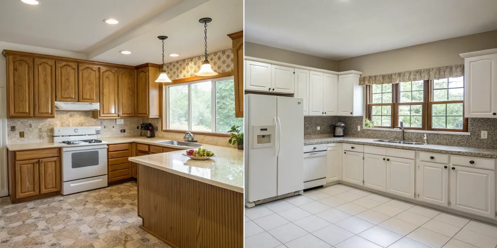 Before and after kitchen remodel ideas showing an outdated kitchen transformed into a modern one.