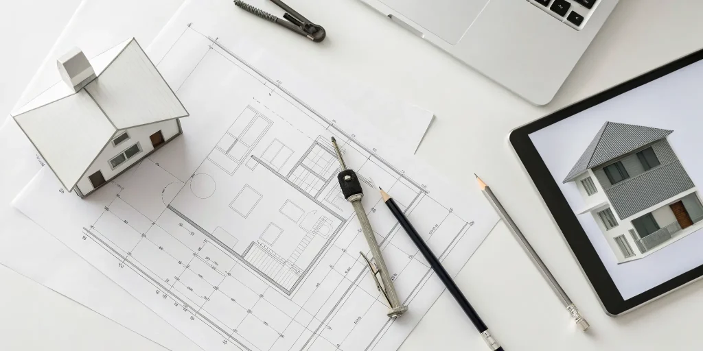 Modern builders using architectural plans, a house model, and a tablet to design a custom home.