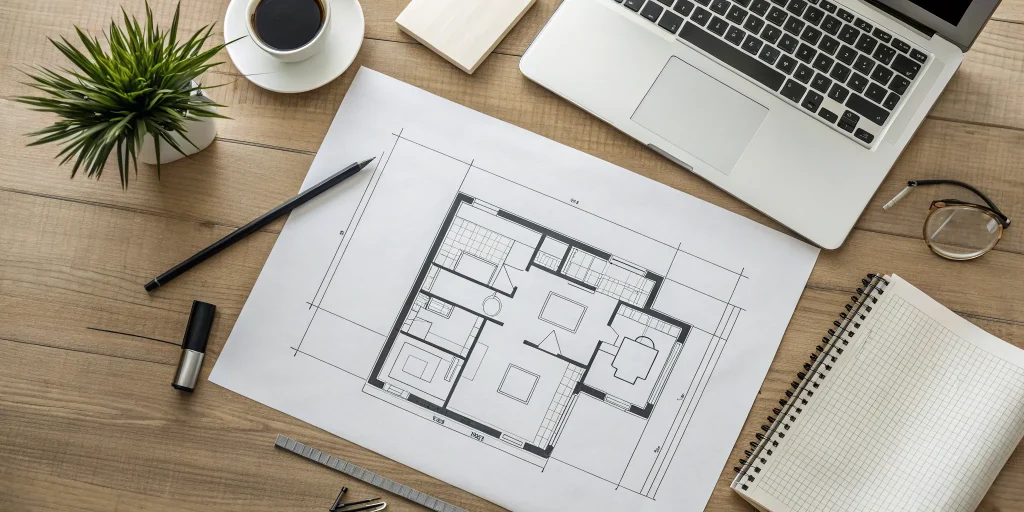 A set of modern house floor plans on an architect's work desk.