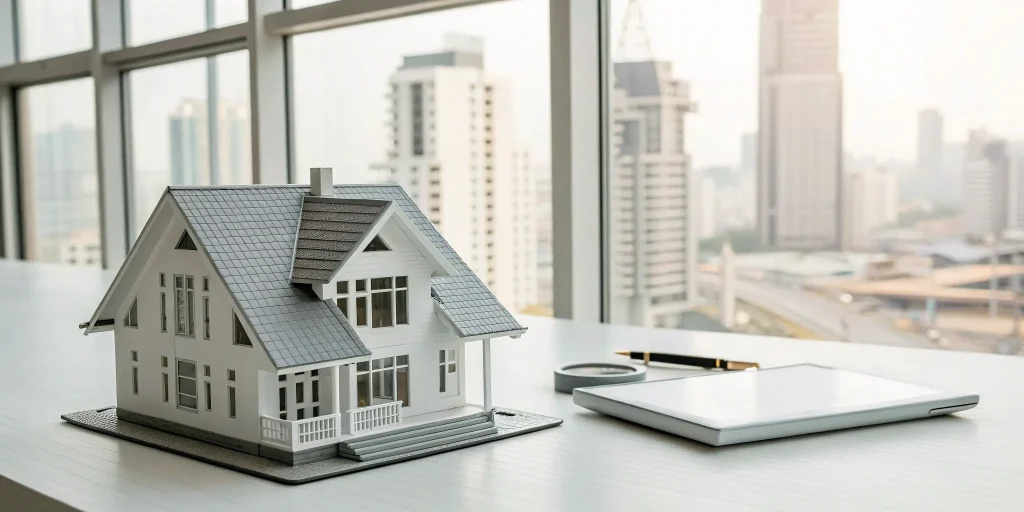 A calculator and model house for estimating the cost to rebuild a house.