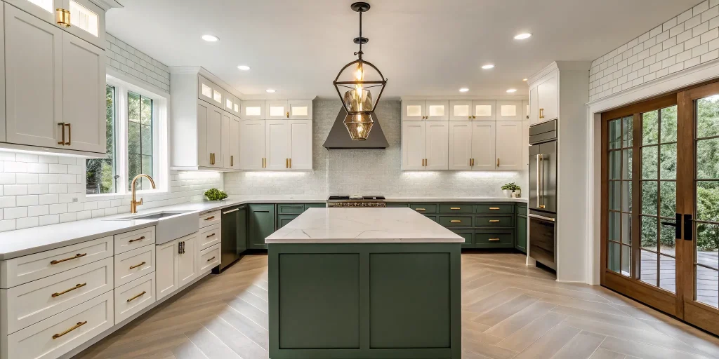 Kitchen renovation ideas with a modern green island, white cabinets, and gold hardware.