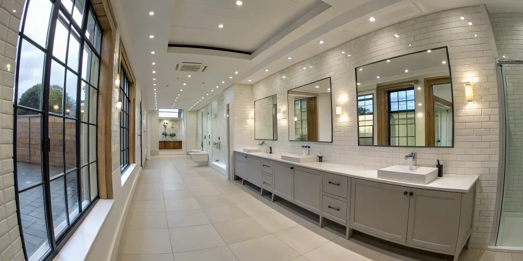 Modern bathroom remodel idea with a double vanity, walk-in shower, and large mirrors with neutral tile.