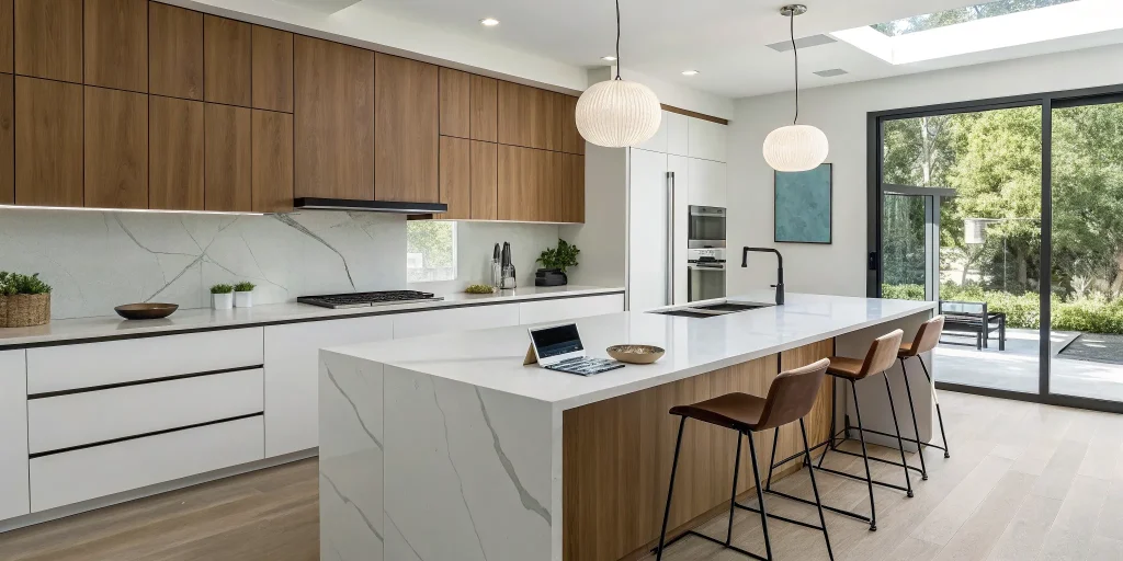 A modern kitchen renovation helps estimate the total cost of new cabinets, countertops, and appliances.