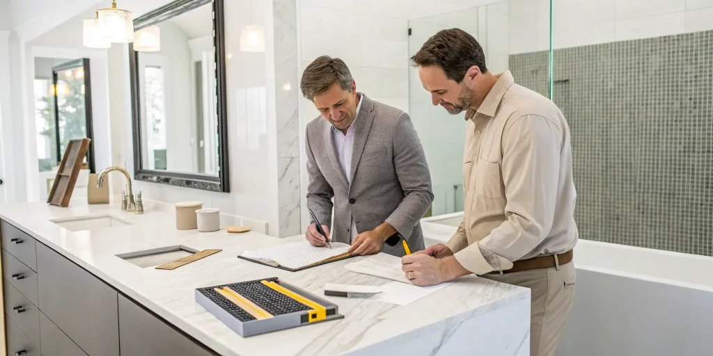 Bathroom remodel contractors reviewing project plans in a modern bathroom.