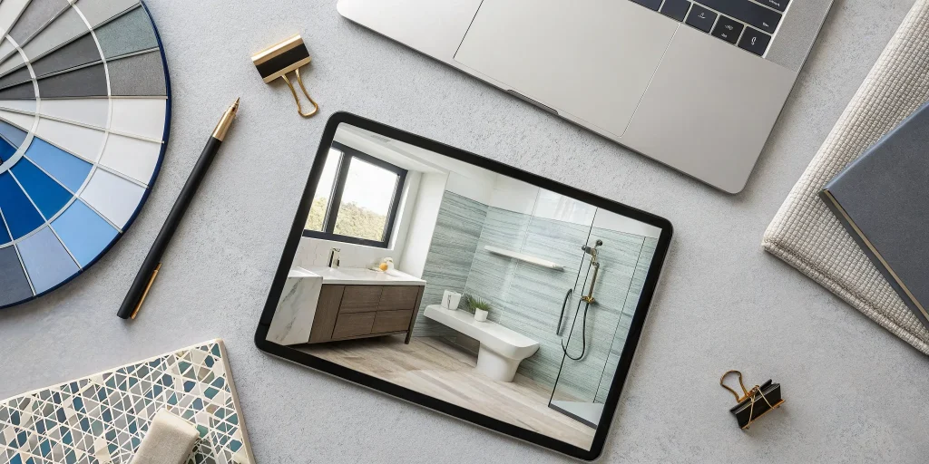 Estimating a bathroom renovation cost with a design tablet and material samples.