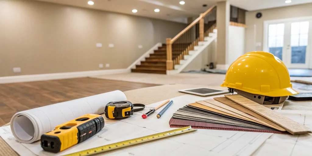 Choosing basement contractors by reviewing project plans, tools, and material samples.