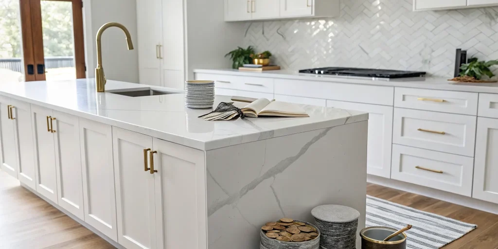 A modern kitchen renovation with a marble island, an example of how much a kitchen renovation can cost.