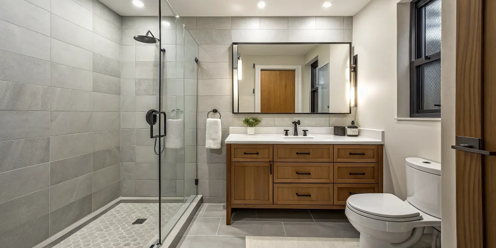 A modern small bathroom renovation with a glass shower and wood vanity, showing a mid-range project cost.