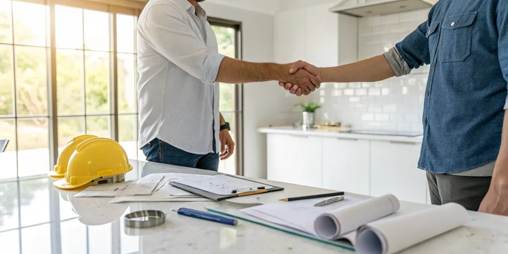 Denver home remodeling contractors reviewing plans with a homeowner