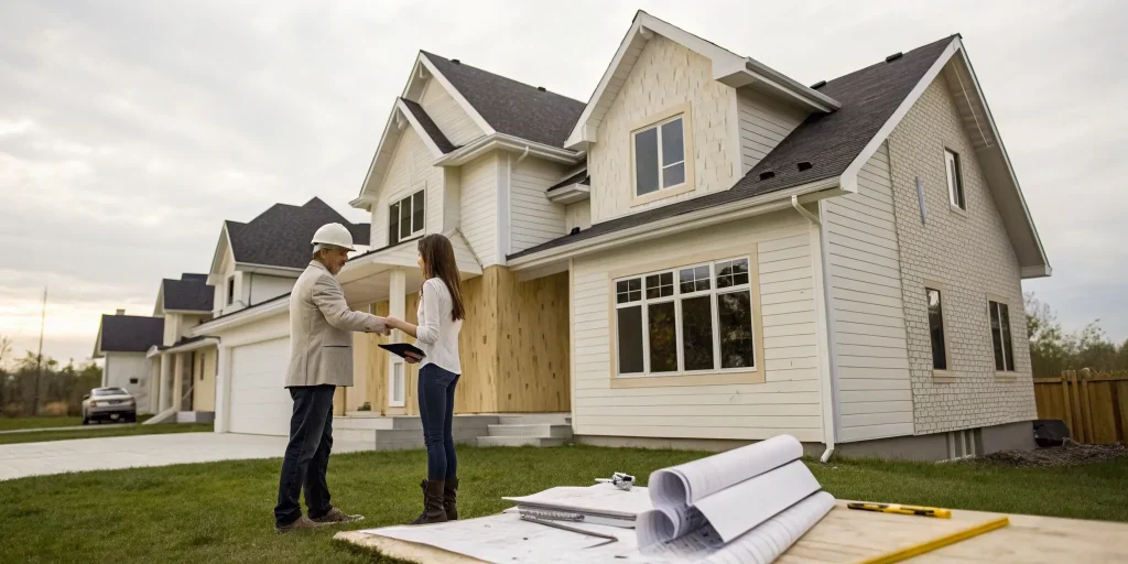 Homeowner reviewing blueprints with a potential contractor for a home addition.