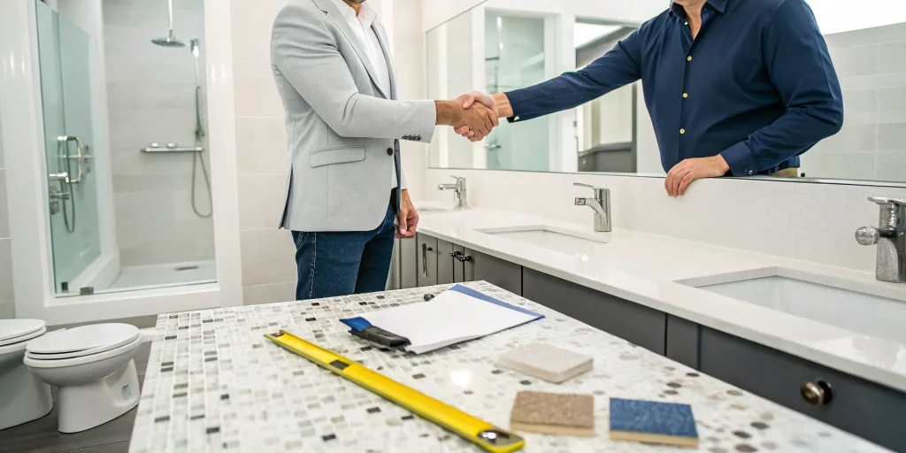 A bathroom remodel contractor shakes hands with a client after finalizing plans in a modern bathroom.