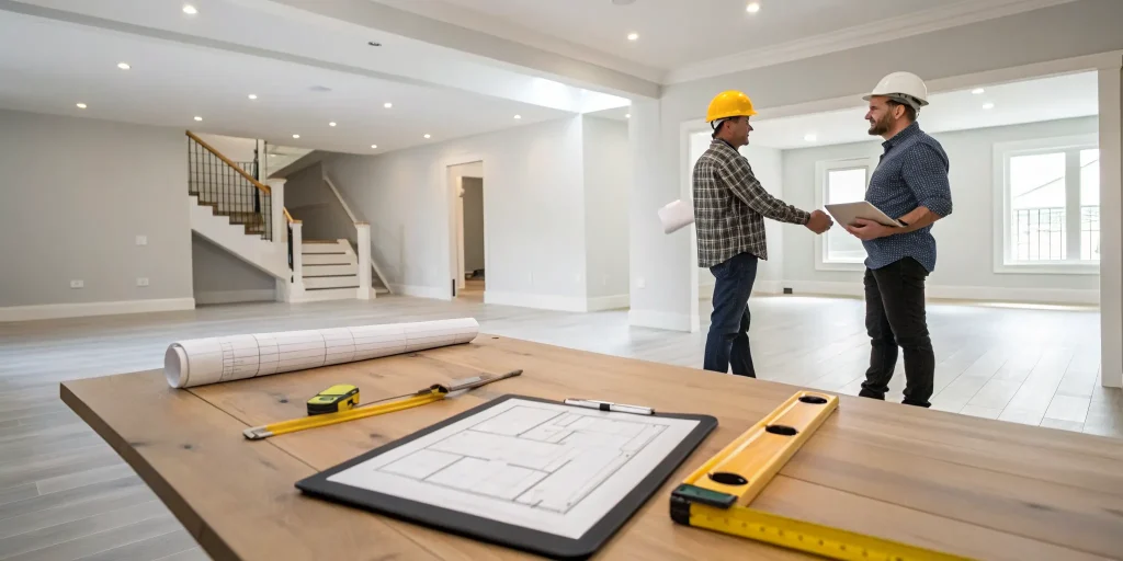 Basement finishing contractors shaking hands over blueprints in a newly finished basement.