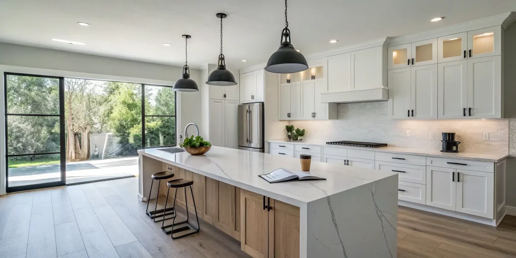 Modern kitchen remodel with a large island, a major factor in the final project cost.