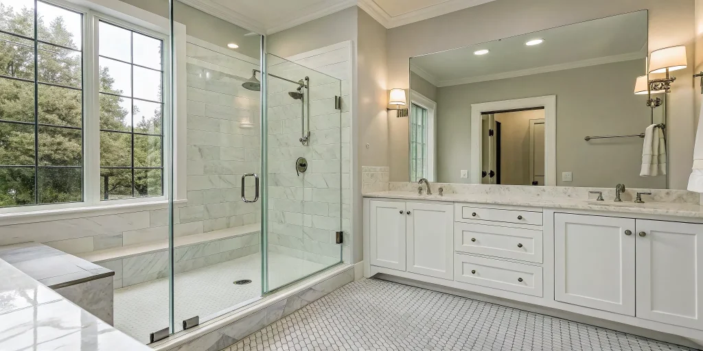 Bathroom remodel with a modern walk-in shower, frameless glass, and marble tile.