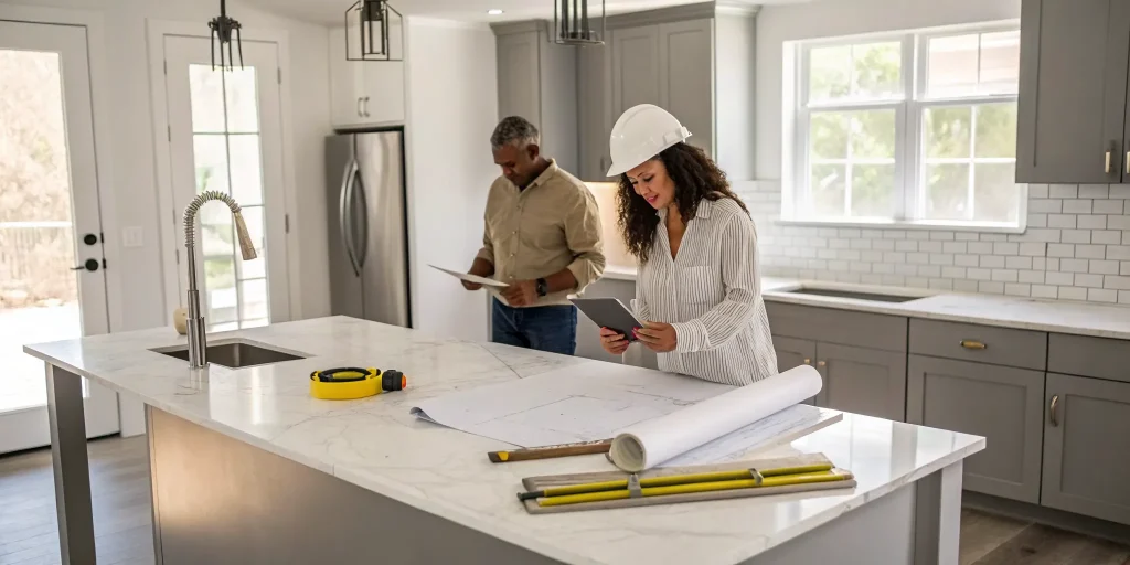 A contractor discusses kitchen renovation plans with a client over blueprints.