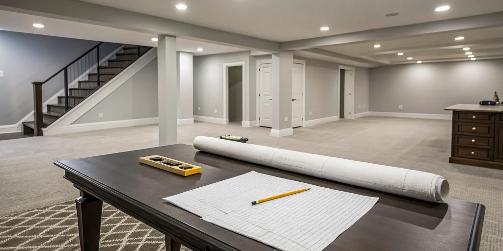 A modern basement remodel featuring a bright, open-concept design and recessed lighting.