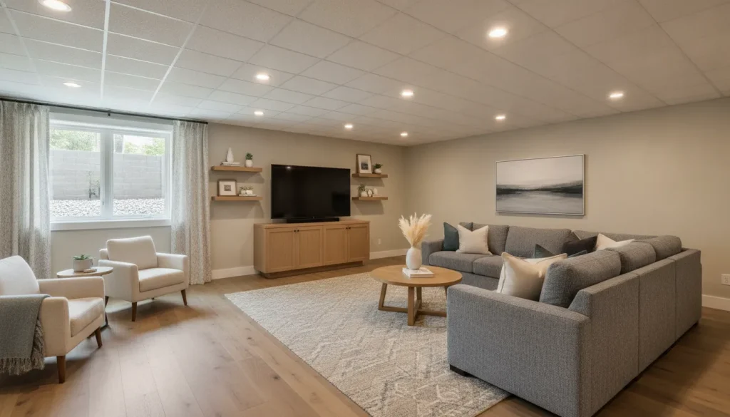 Finished Denver basement with modern lighting and egress window