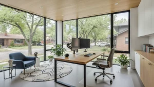 Modern home office addition with large windows and natural light in a Denver home