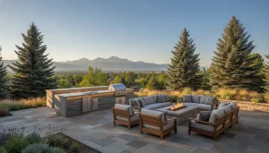 Luxury outdoor living space in Denver with stone patio, outdoor kitchen, and fire pit