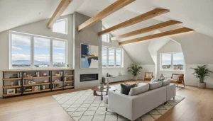 Modern Denver attic conversion with dormer windows, exposed wood beams, and contemporary interior design