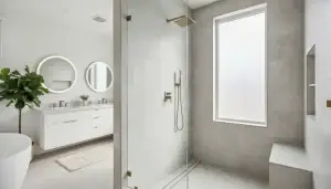 Modern luxury curbless walk-in shower in a Denver bathroom with frameless glass and porcelain tile