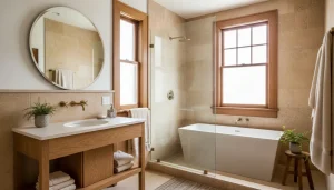 High-end bathroom remodeling in a Denver bungalow with warm stone, wood, and a walk-in shower