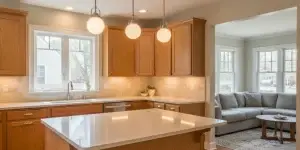 Bright custom kitchen with natural wood cabinetry, stone counters, and an open connection to a Denver-area home