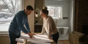 Homeowner and design-build contractor reviewing bathroom renovation plans in an Arvada home